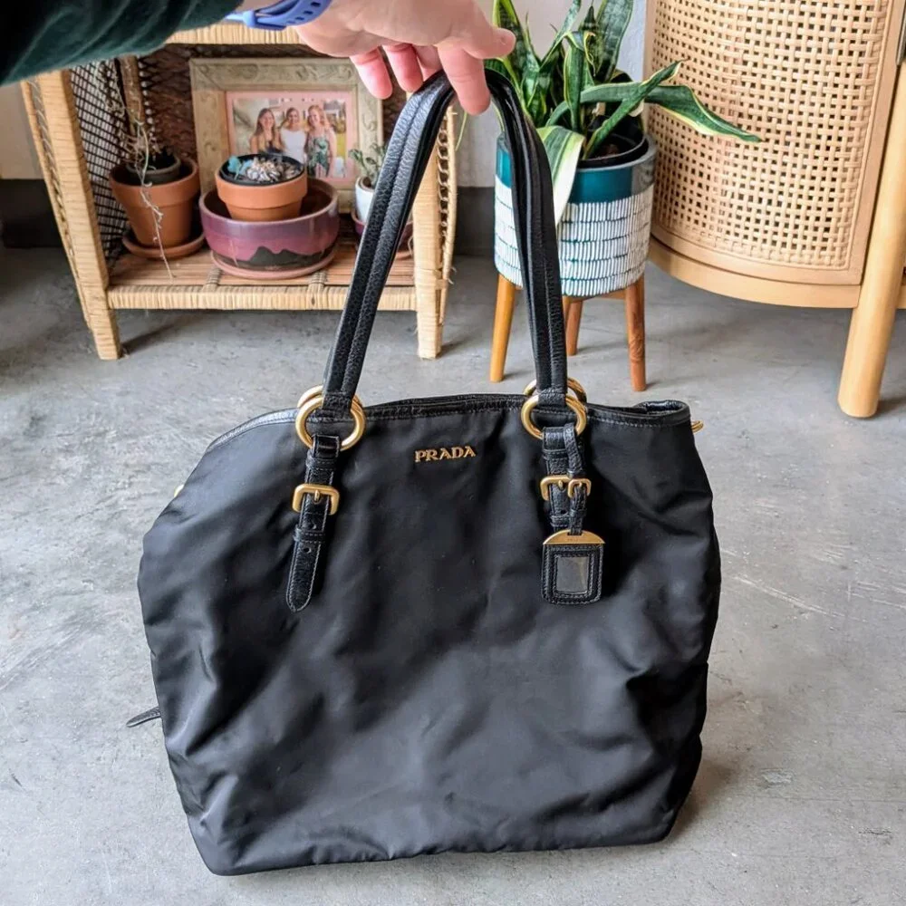 Prada Tessuto Vitello Daino Shopper Tote Shoulder Bag Black Nero